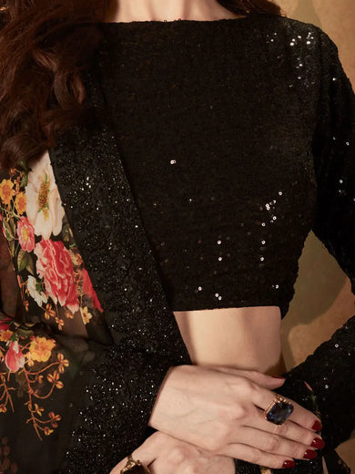 Sabyasachi Black Floral Organza Party Wear Lehenga With Sequins Choli